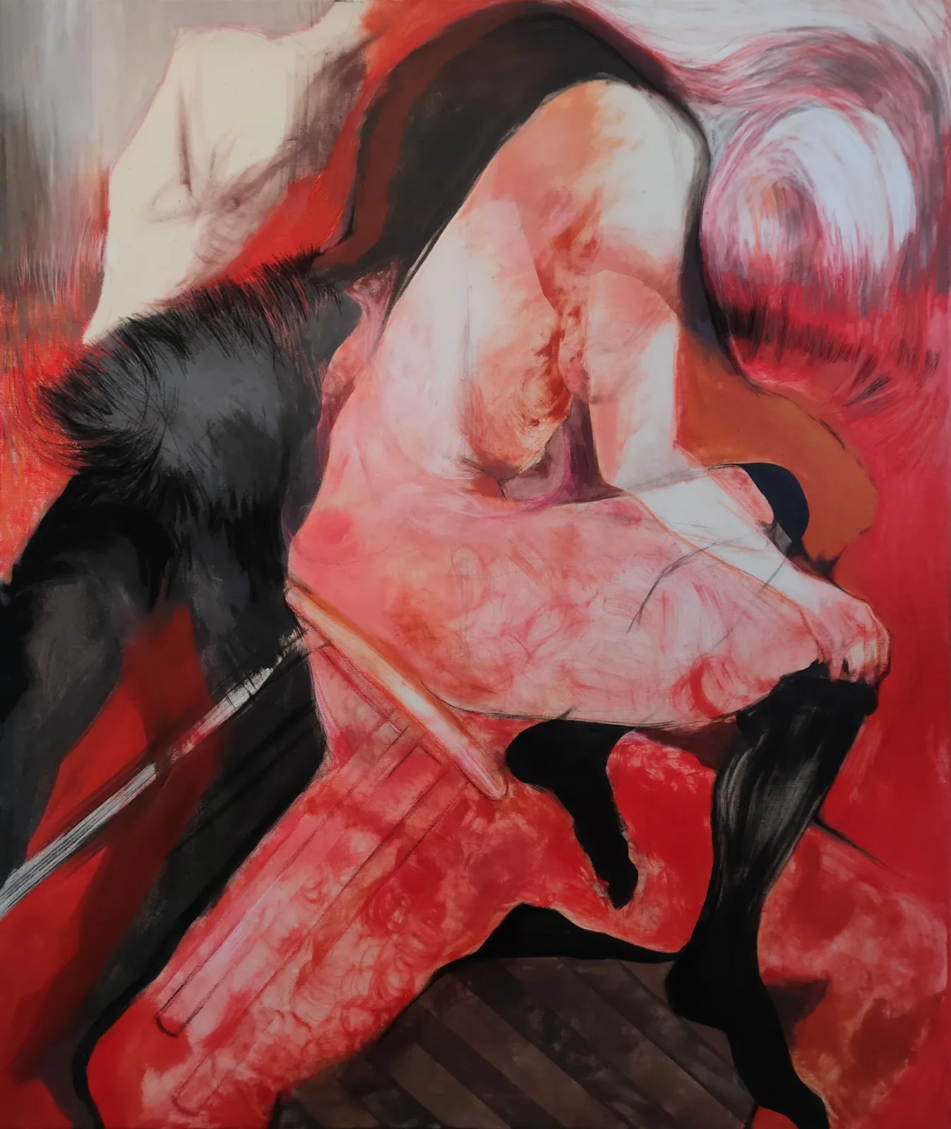 Miękkie / twarde / przeszkoda · 110 × 130 cm · akryl i pastele na płótnie · 2023